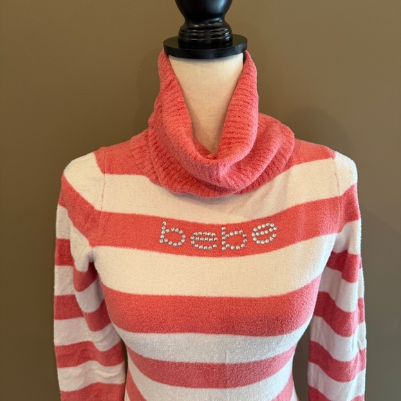 bebe pinky peach and white turtleneck striped soft cozy sweater, Size Large - Picture 2 of 12